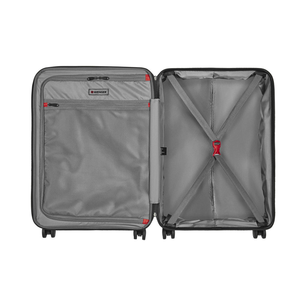 Open suitcase showing its interior compartments and organization features.