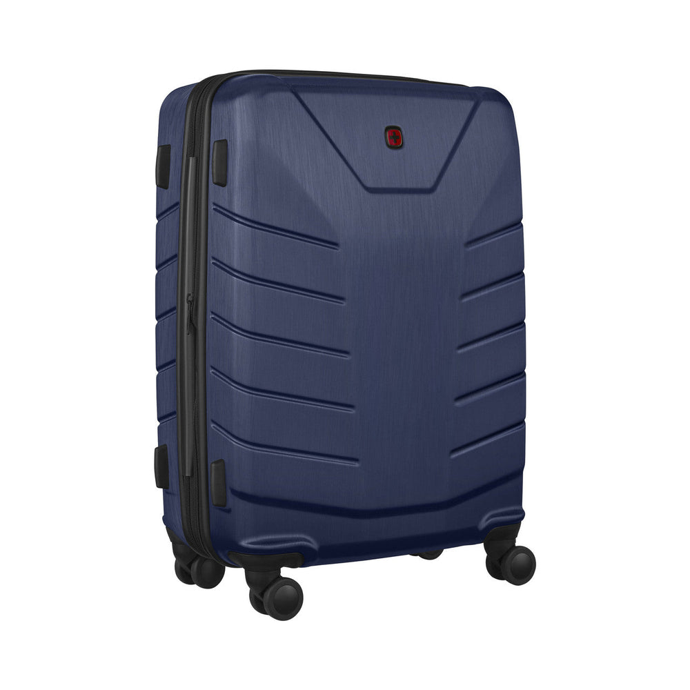 Navy blue hardshell rolling suitcase with horizontal ridges.