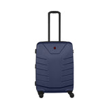 Navy blue hardshell suitcase with wheels and retractable handle.