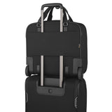Black laptop bag with a luggage strap for attaching to rolling suitcases.