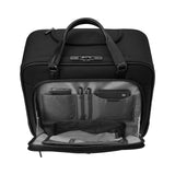 Black laptop bag with multiple compartments and carrying handles.