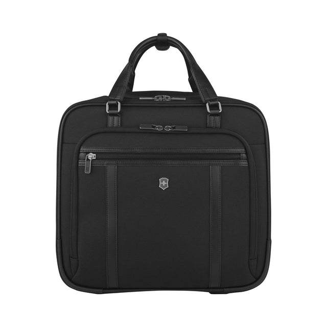 Black laptop bag with multiple compartments and a handle.