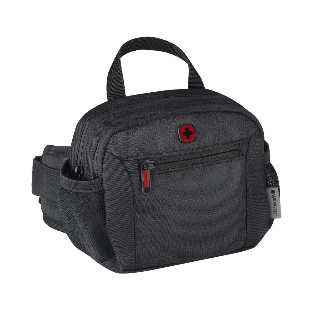 Black camera bag with red accents and multiple compartments.