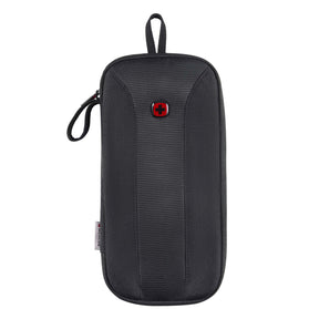 Black zippered travel pouch with a red Swiss Army logo.