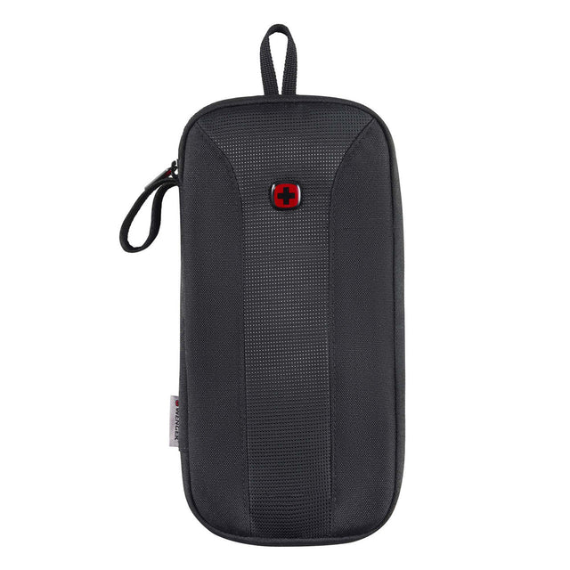 Black zippered travel pouch with a red Swiss Army logo.