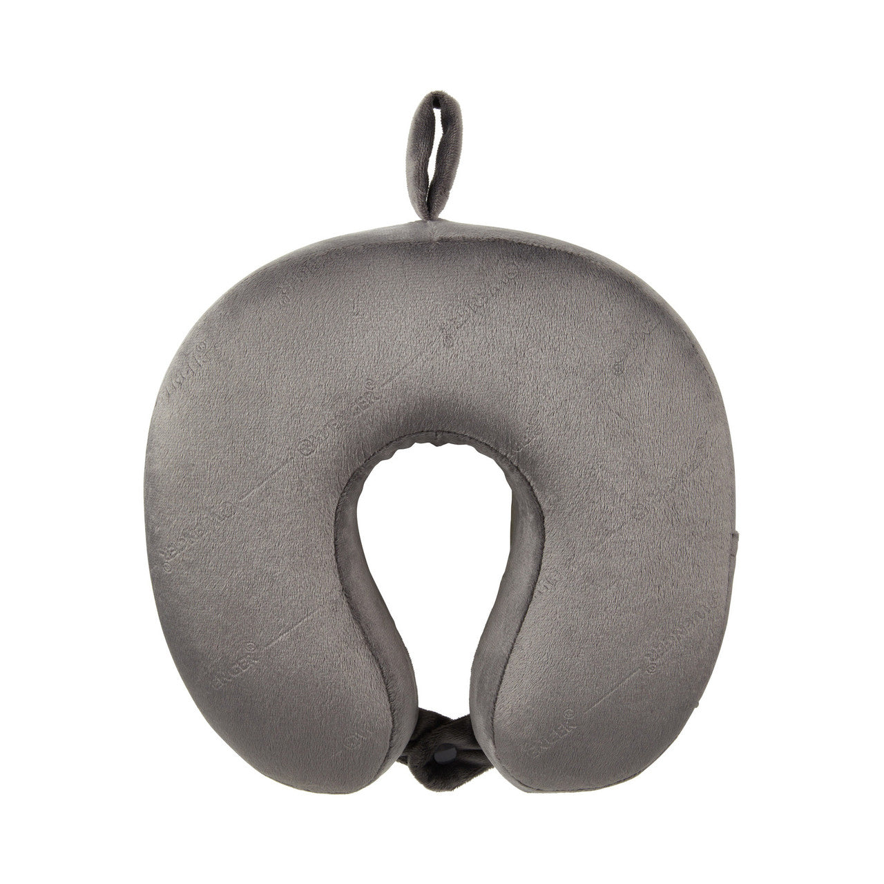 Gray U-shaped travel neck pillow with a loop for hanging.