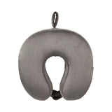 Gray U-shaped travel neck pillow with a loop for hanging.