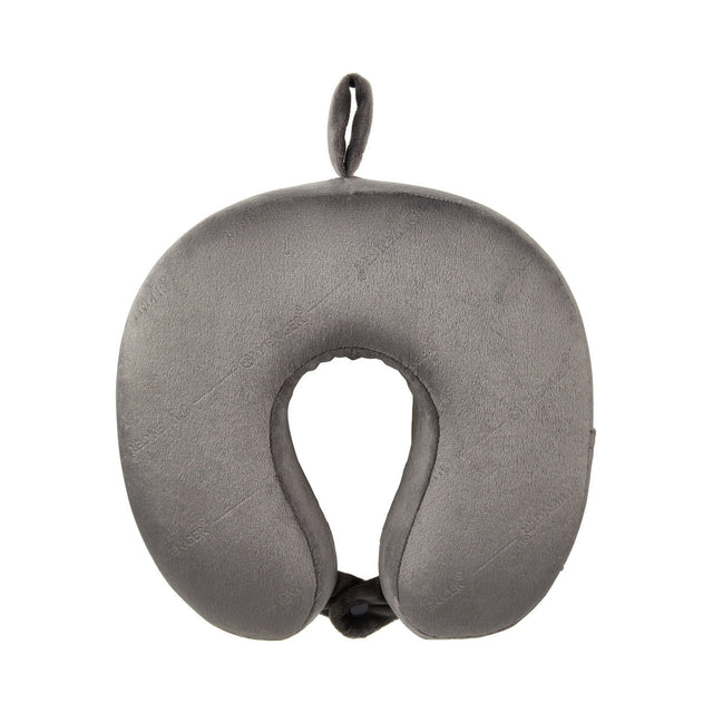 Gray U-shaped travel neck pillow with a loop for hanging.
