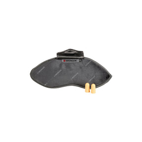 Gray eye mask with two small earplugs beside it.