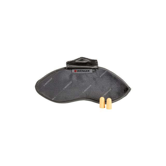 Gray eye mask with two small earplugs beside it.