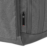 Close-up of a gray backpack zipper with a Victorinox Swiss Army logo.
