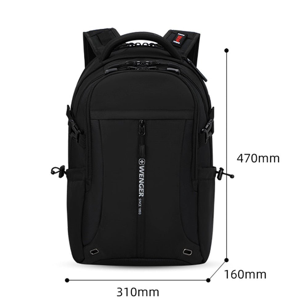 Black backpack with multiple compartments and dimensions displayed.