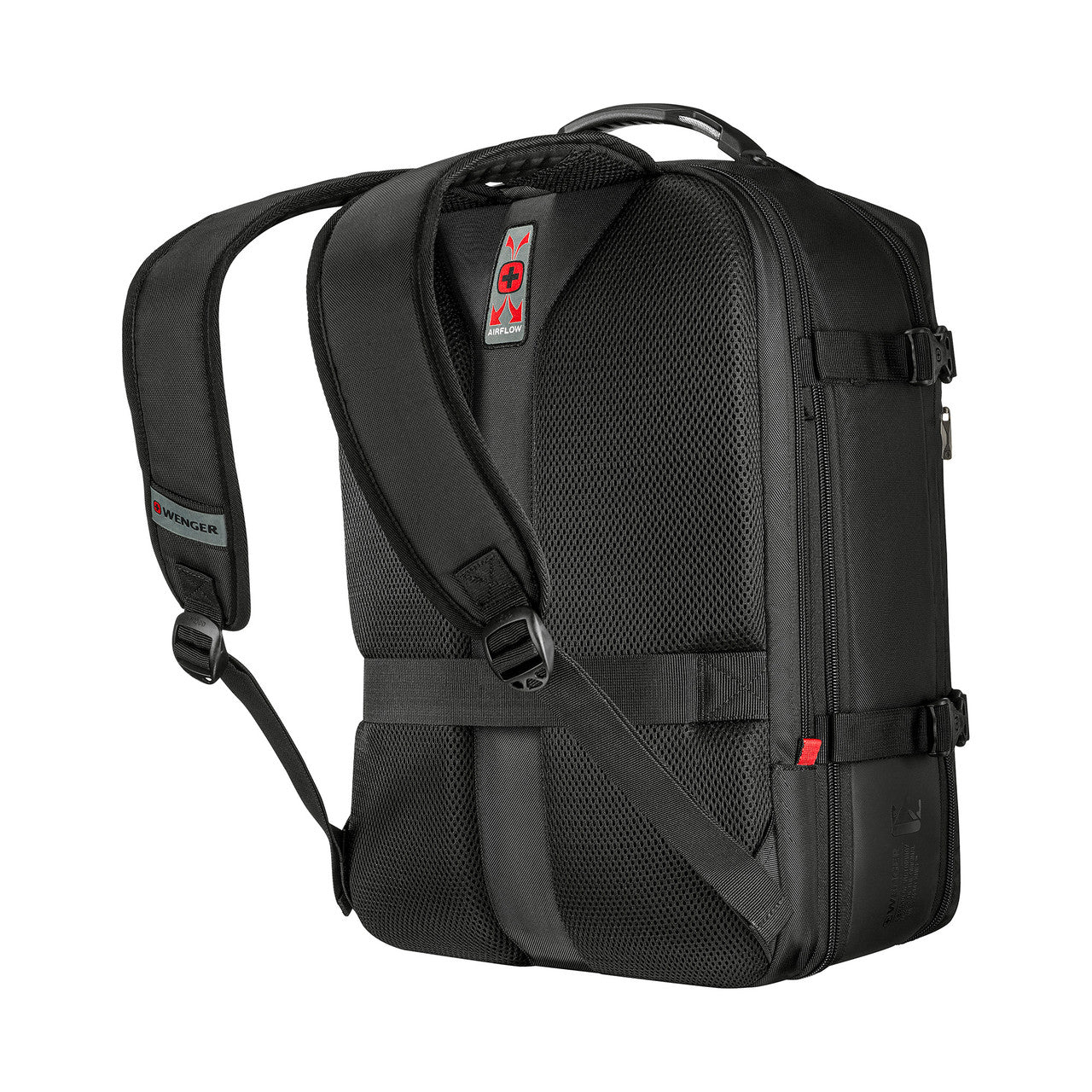 Black backpack with multiple compartments and padded straps.