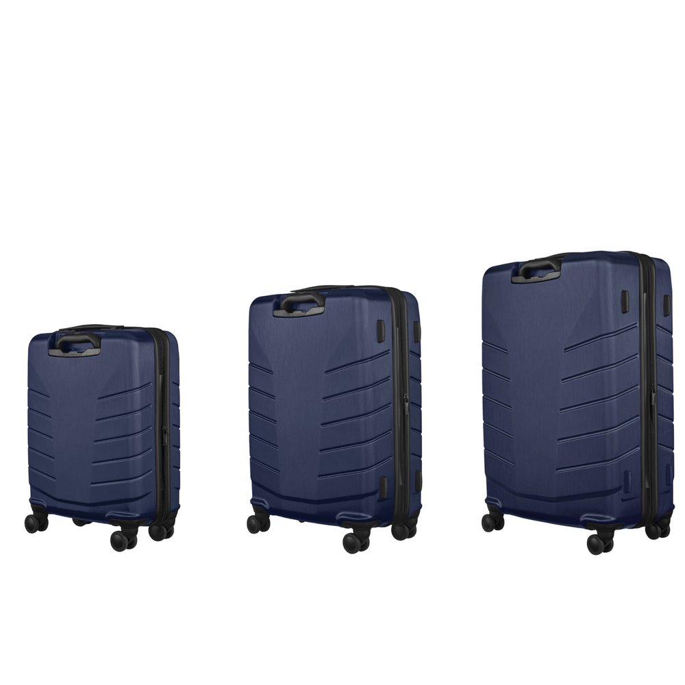 Set of three navy blue hardshell suitcases with wheels.