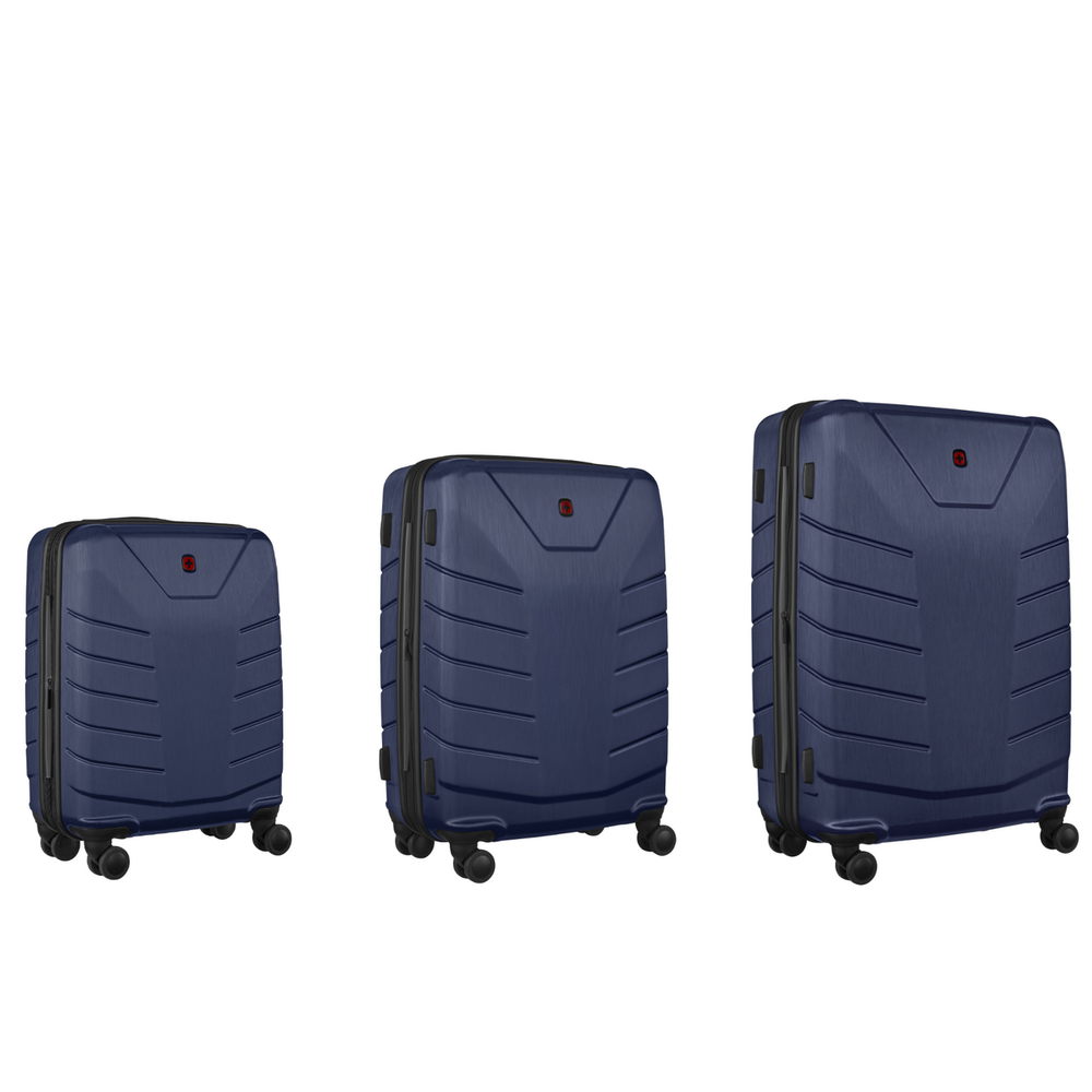 Set of three navy blue hardshell suitcases with wheels.