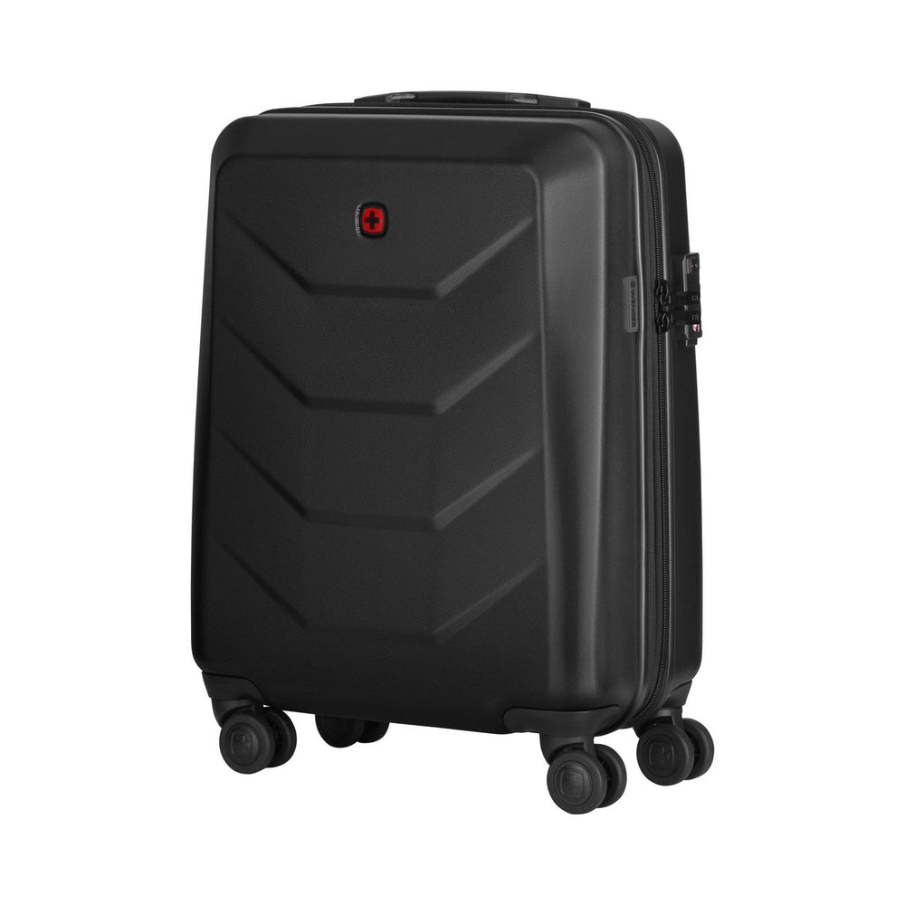 Black hardshell rolling suitcase with geometric patterns and a red logo.