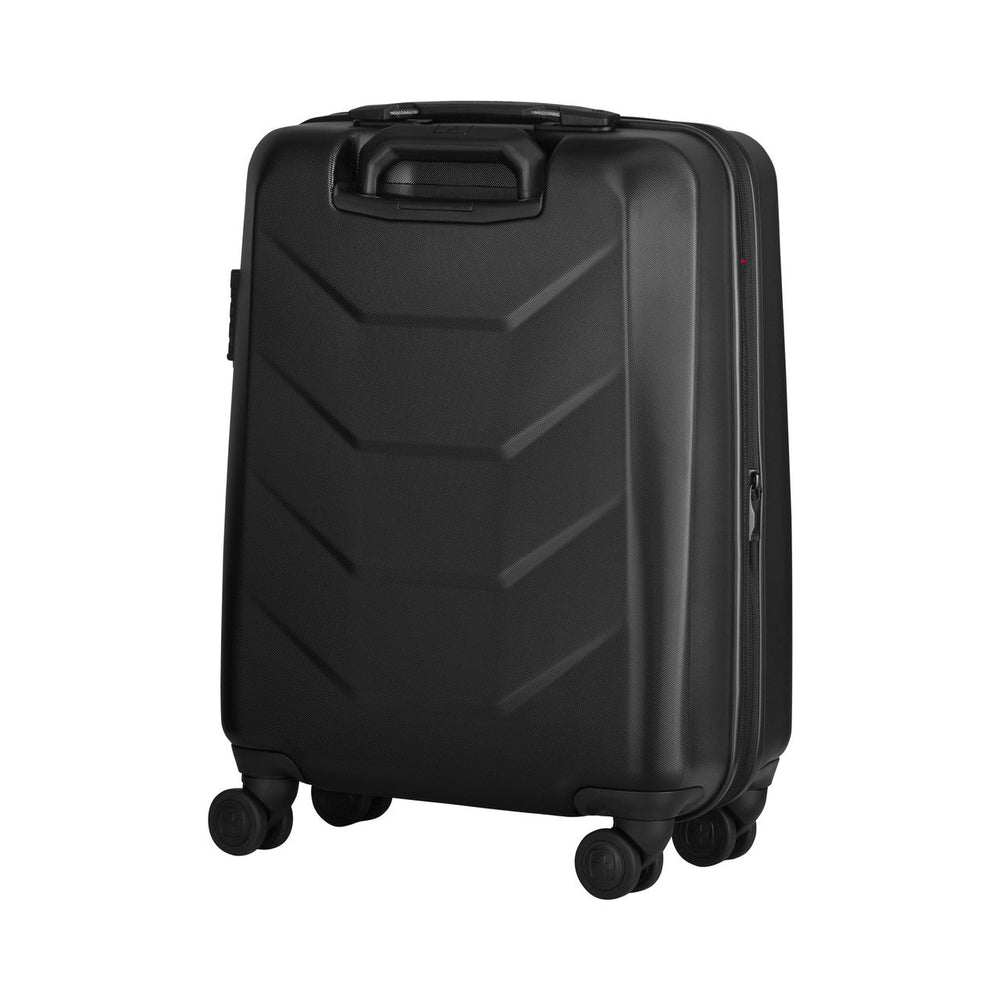 Black hardshell rolling suitcase with chevron-like textured pattern.