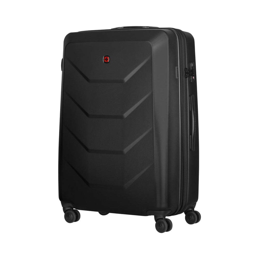 Black hardshell suitcase with angular design and spinner wheels.