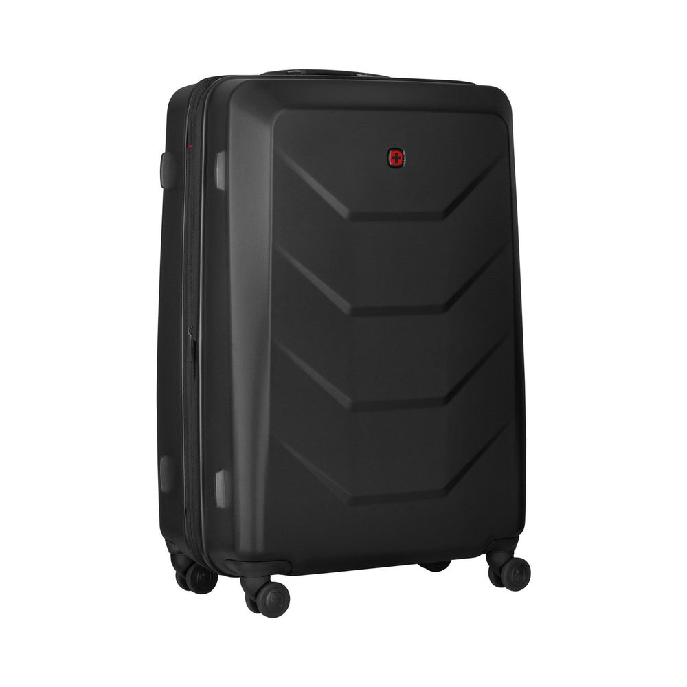 Black hardshell rolling suitcase with chevron-like ridges on its surface.