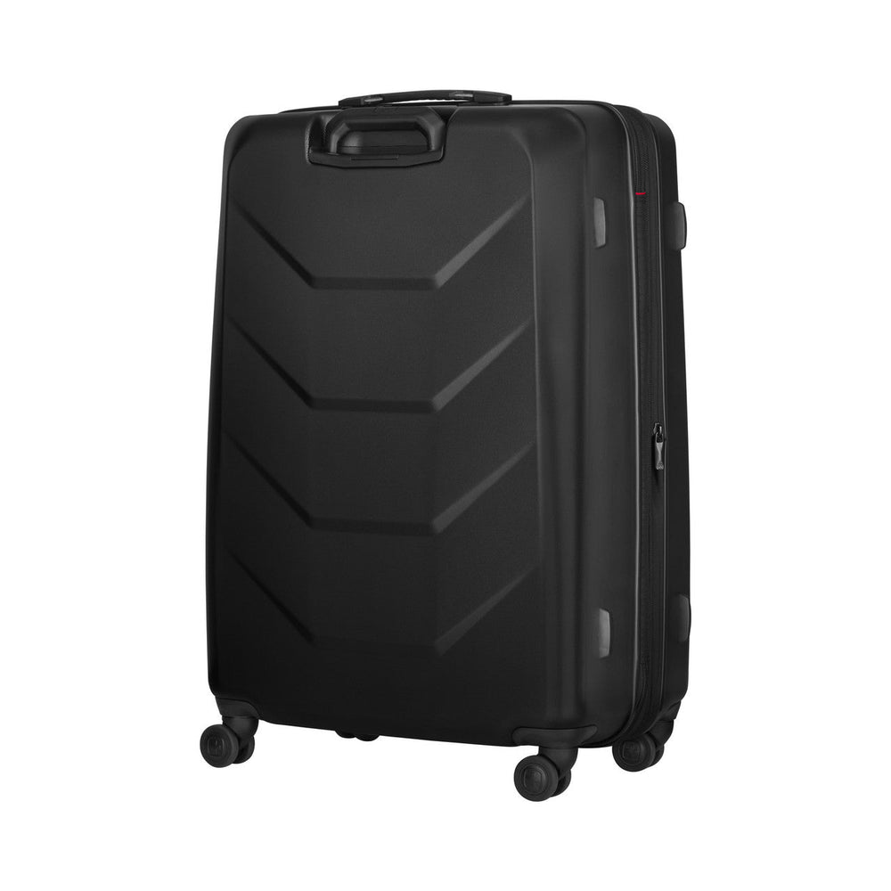 Black hardshell rolling suitcase with chevron-patterned exterior.