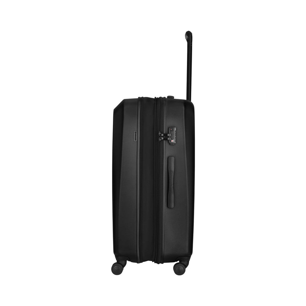 Black hardshell rolling suitcase with extendable handle and wheels.