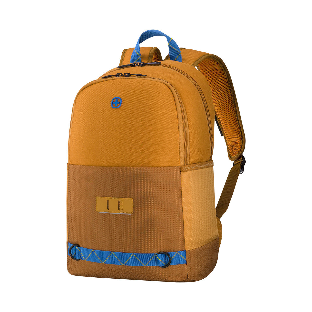 Mustard yellow backpack with blue accents and brown bottom section.