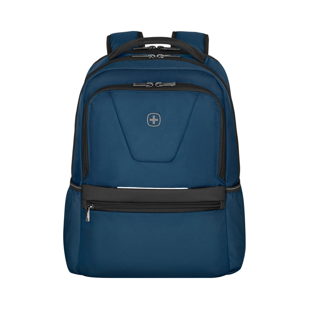 Blue backpack with multiple compartments and a Swiss cross logo.