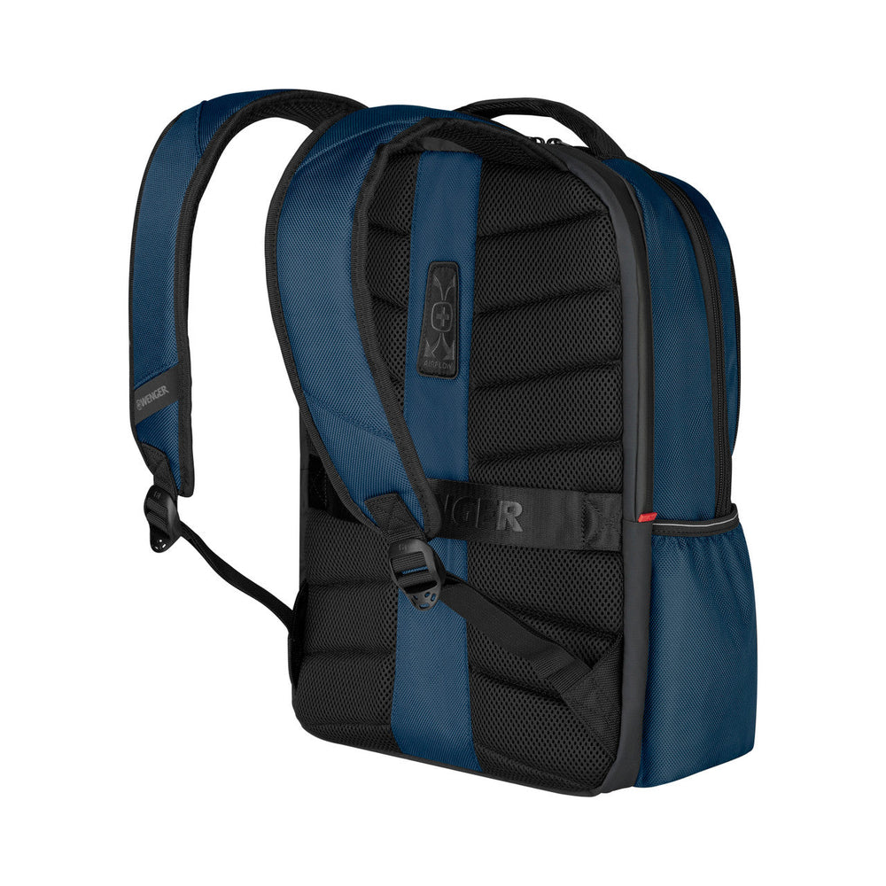 Blue and black backpack with padded straps and mesh back panel.