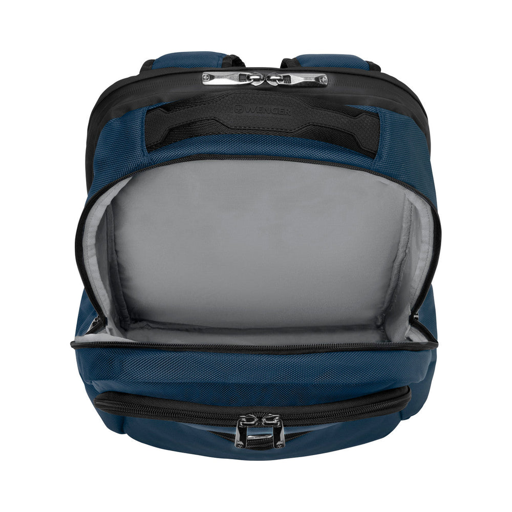 Blue and black backpack with an open main compartment revealing a light gray interior.