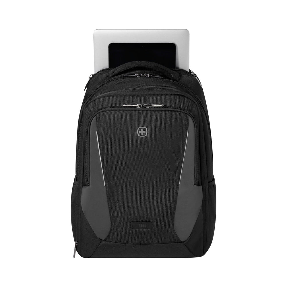 Black and gray backpack with multiple compartments and a laptop sleeve.