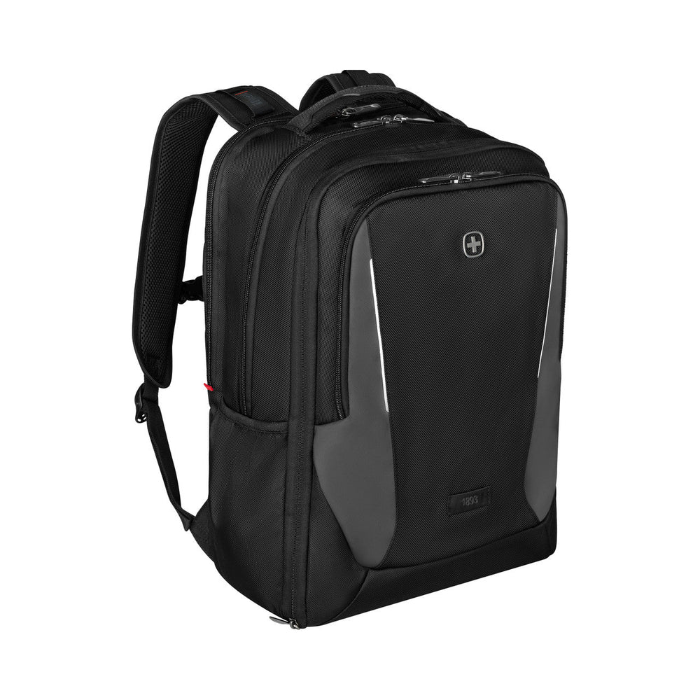 Black backpack with multiple compartments and gray accents.