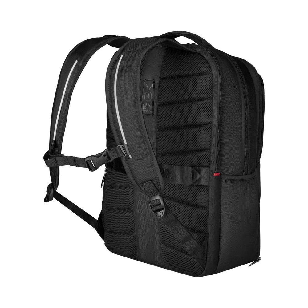 Black backpack with padded straps and multiple compartments.