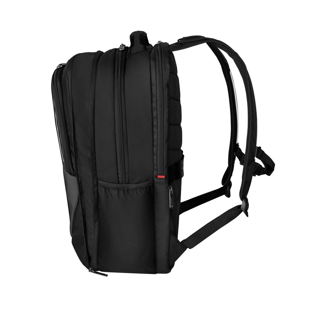 Black backpack with multiple compartments and padded shoulder straps.