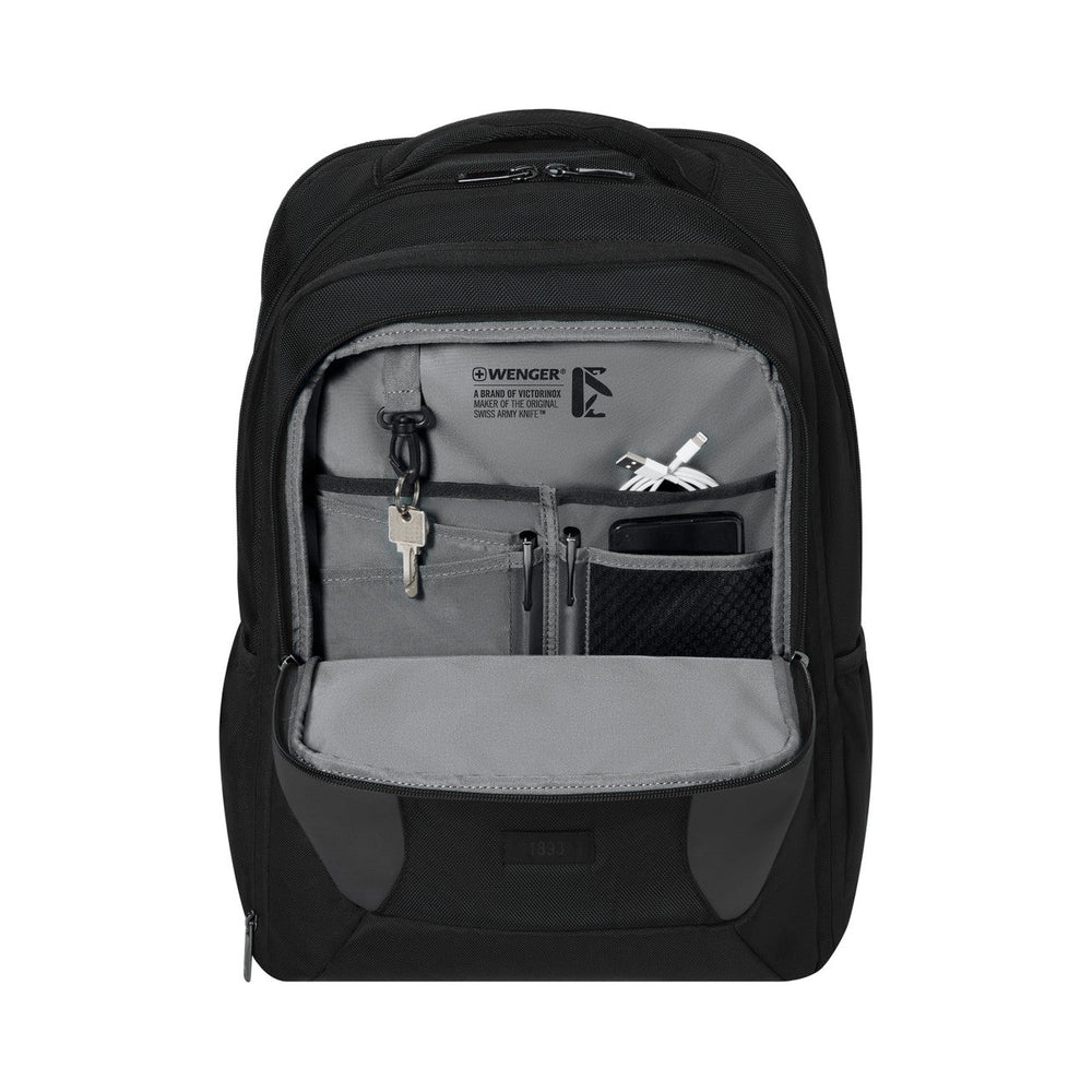 Black backpack with multiple compartments and organizational pockets.