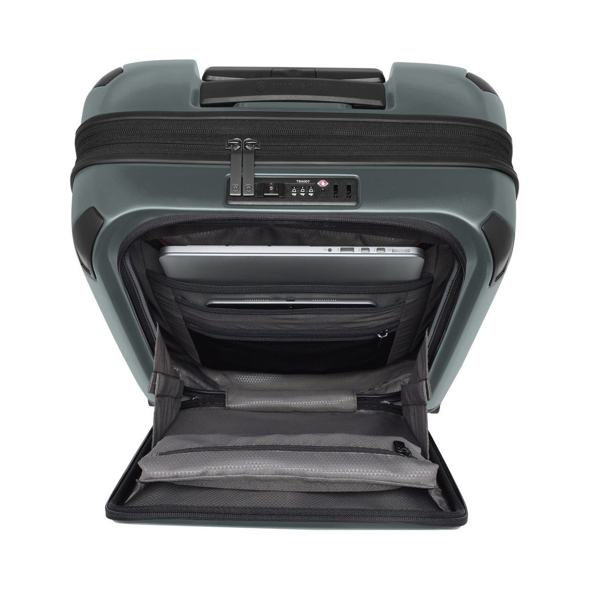 Hard-shell rolling suitcase with an open front compartment revealing interior storage space.