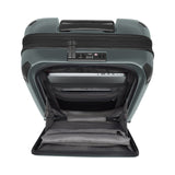 Hard-shell rolling suitcase with an open front compartment revealing interior storage space.