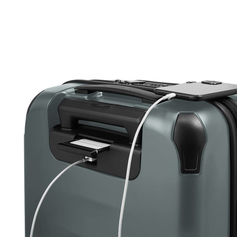 Suitcase with a built-in USB charging port.