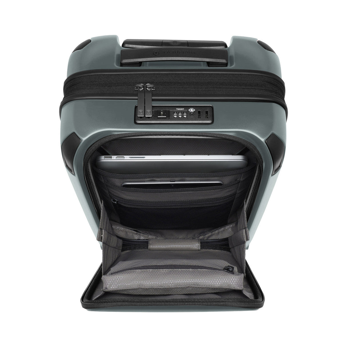 Hard-shell rolling suitcase with an open front compartment.