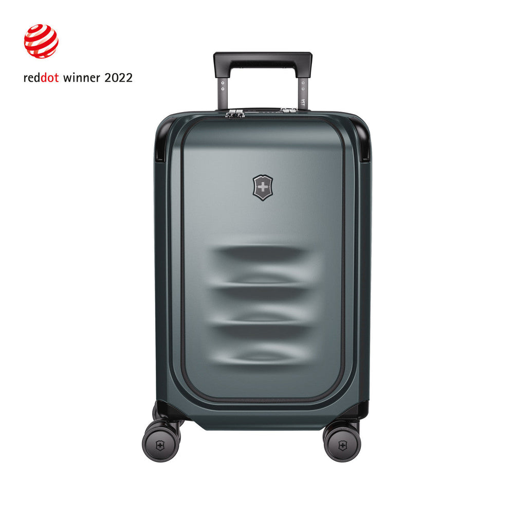 Sleek gray hardshell suitcase with a retractable handle and wheels.