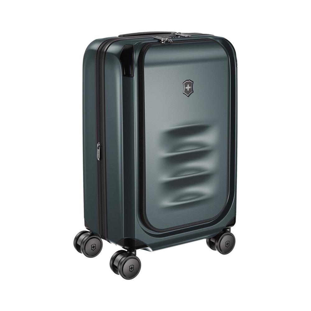 Dark gray hardshell rolling suitcase with four wheels and a textured front panel.