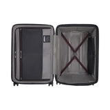 Open suitcase showing its interior compartments and organizational features.
