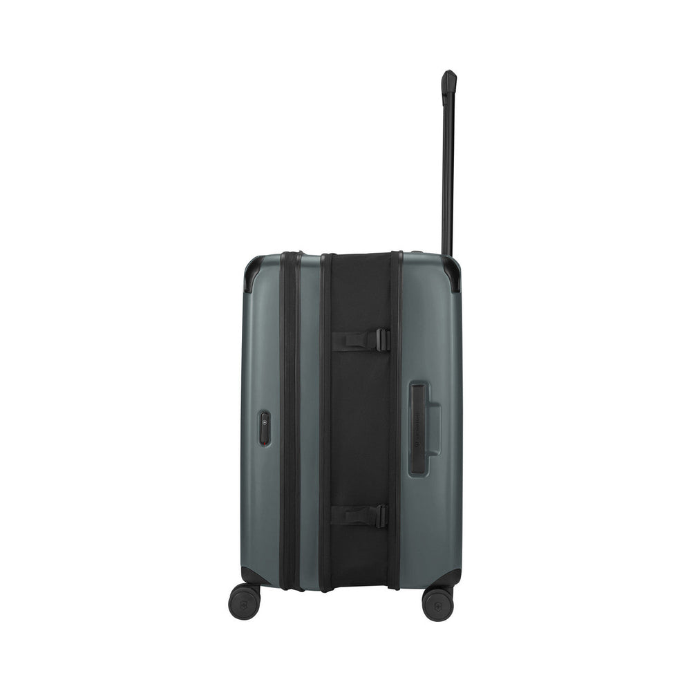 Dark gray hardshell rolling suitcase with an extendable handle.