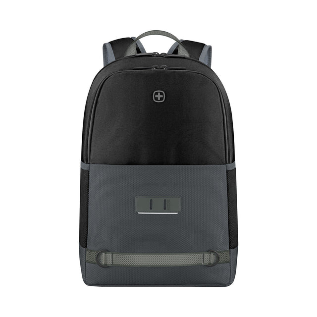 Black and gray backpack with a logo and front pocket.
