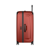 Red hardshell rolling suitcase with black trim and wheels.