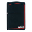Black Zippo lighter with a red border and white Zippo logo.