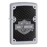 Zippo lighter featuring a Harley-Davidson logo on a textured black background.