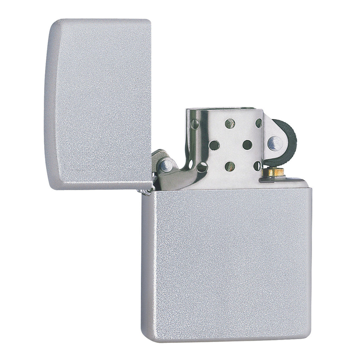 Silver metal Zippo-style lighter with an open lid.