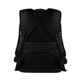 Black backpack with padded straps and multiple compartments.