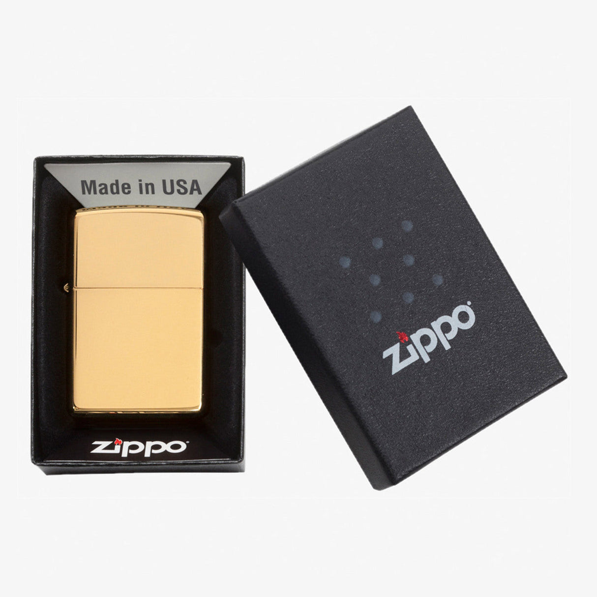 Gold-colored Zippo lighter in its packaging.