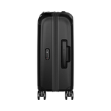 Black hardshell carry-on suitcase with extendable handle and wheels.